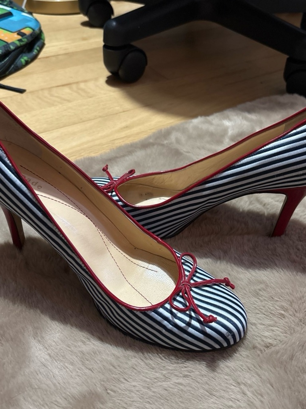 kate spade Navy & White Striped Pumps with Red Trim